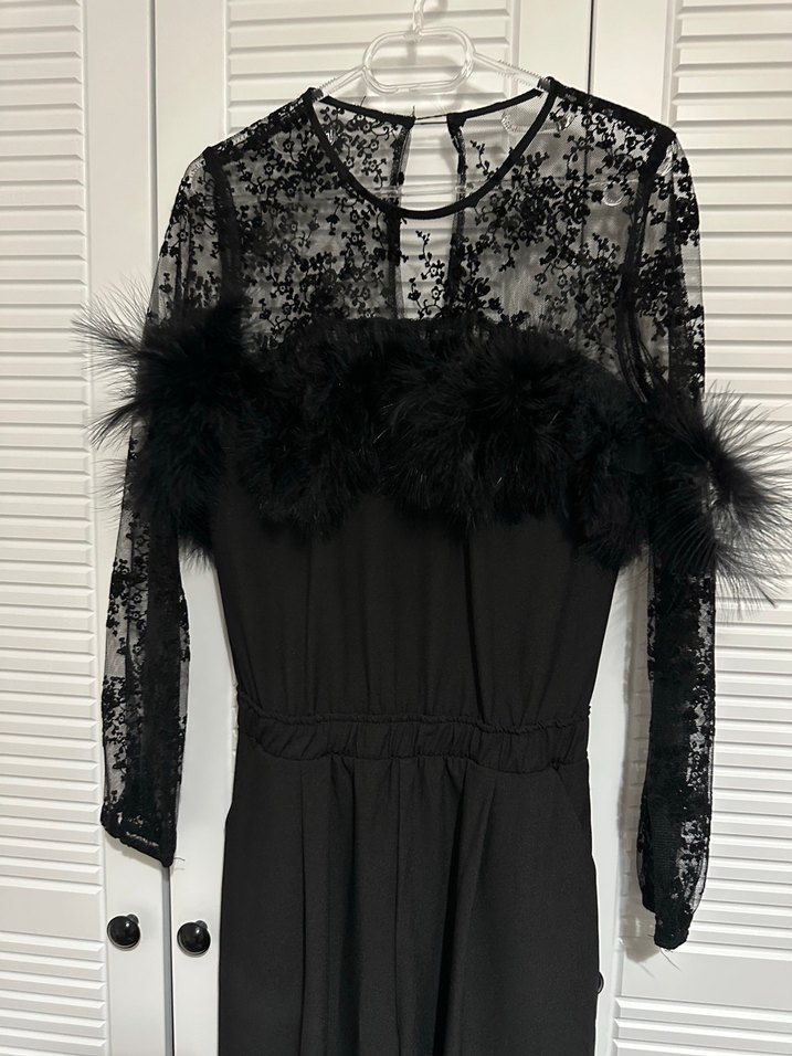 Kadın Siyah Uzun Kollu Kürklü Uzun Tulum - Görsel 2