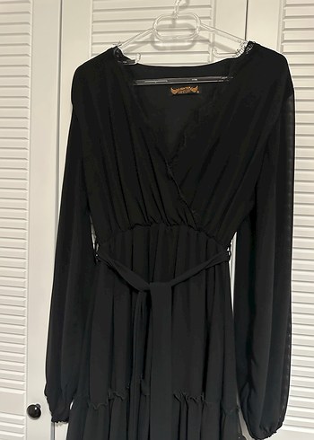 Siyah Uzun Kollu Drapeli Uzun Elbise - Görsel 3