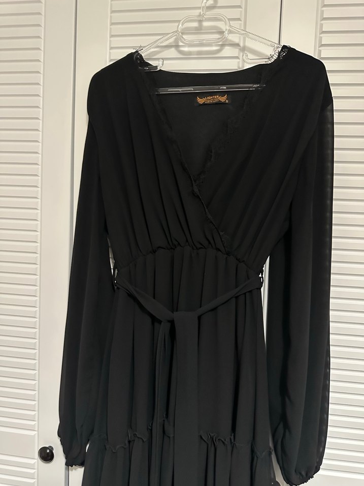 Siyah Uzun Kollu Drapeli Uzun Elbise - Görsel 3