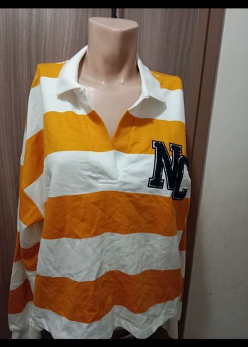 l Beden Sarı Beyaz Çizgili Kadın Triko Sweatshirt