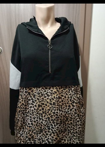 38 Beden kahverengi Renk Leopar Desenli Kısa Kapüşonlu Sweatshirt