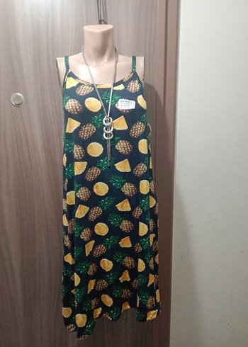 Diğer Sarı Ananas Desenli Uzun Askılı Elbise