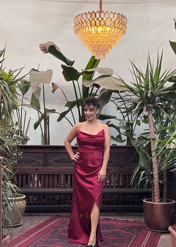 Bordo Drapeli Uzun Abiye Elbise - Görsel 2