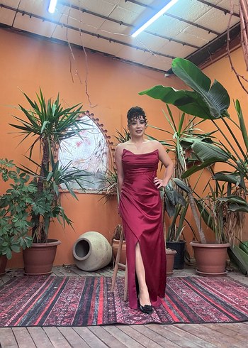 Bordo Drapeli Uzun Abiye Elbise - Görsel 3