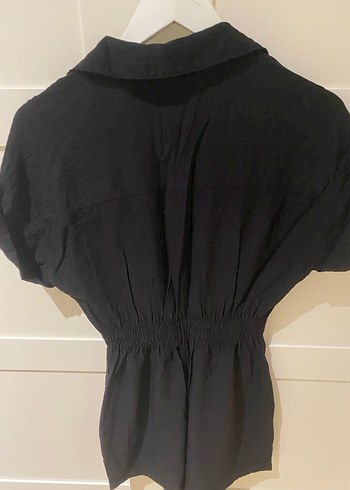 Düğmeli Siyah Keten mini Tulum - Görsel 4