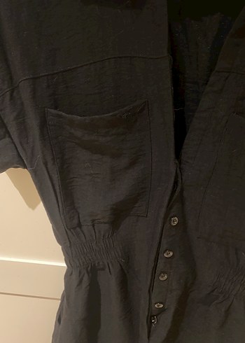 Düğmeli Siyah Keten mini Tulum - Görsel 2