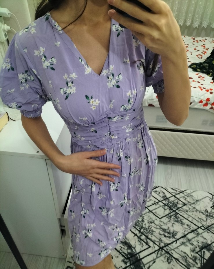 V Yaka Mor Midi Elbise - Görsel 3