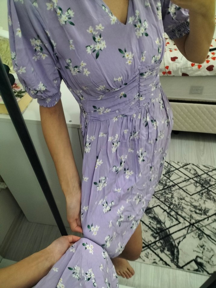 V Yaka Mor Midi Elbise - Görsel 4