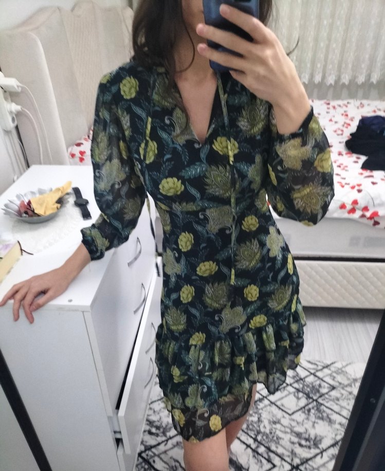 V yaka düğmeli bohem kısa elbise - Görsel 2