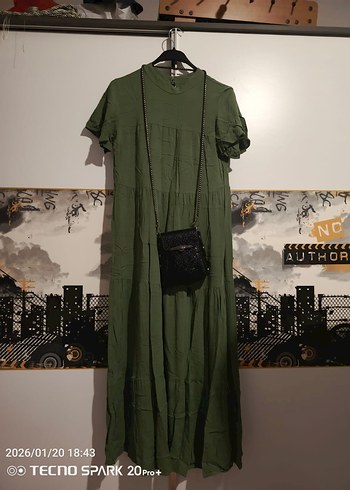 Haki Uzun Keten Bohem Elbise - Görsel 2