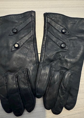 Düğmeli Siyah Deri Kadın Eldiven - Görsel 2
