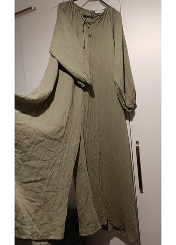 46 Beden haki Renk İtalyan Keten Oversize Tulum