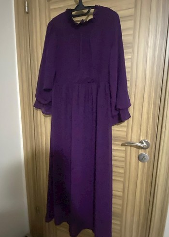 Mor Uzun Kollu Yüksek Yakalı Salaş Elbise - Görsel 16