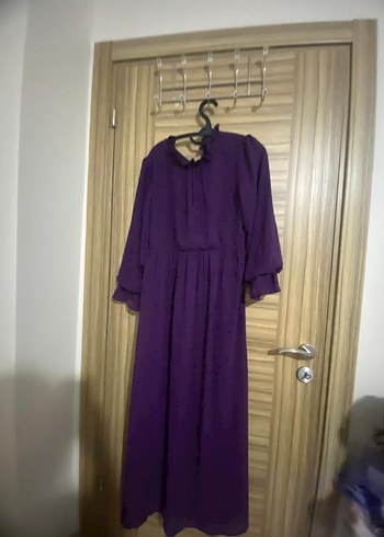 Mor Uzun Kollu Yüksek Yakalı Salaş Elbise - Görsel 2