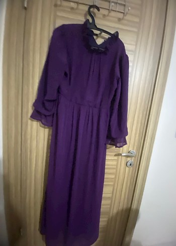 Mor Uzun Kollu Yüksek Yakalı Salaş Elbise - Görsel 6