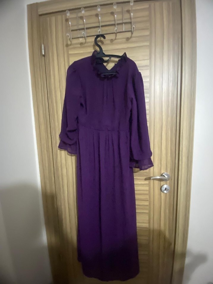 Mor Uzun Kollu Yüksek Yakalı Salaş Elbise - Görsel 5