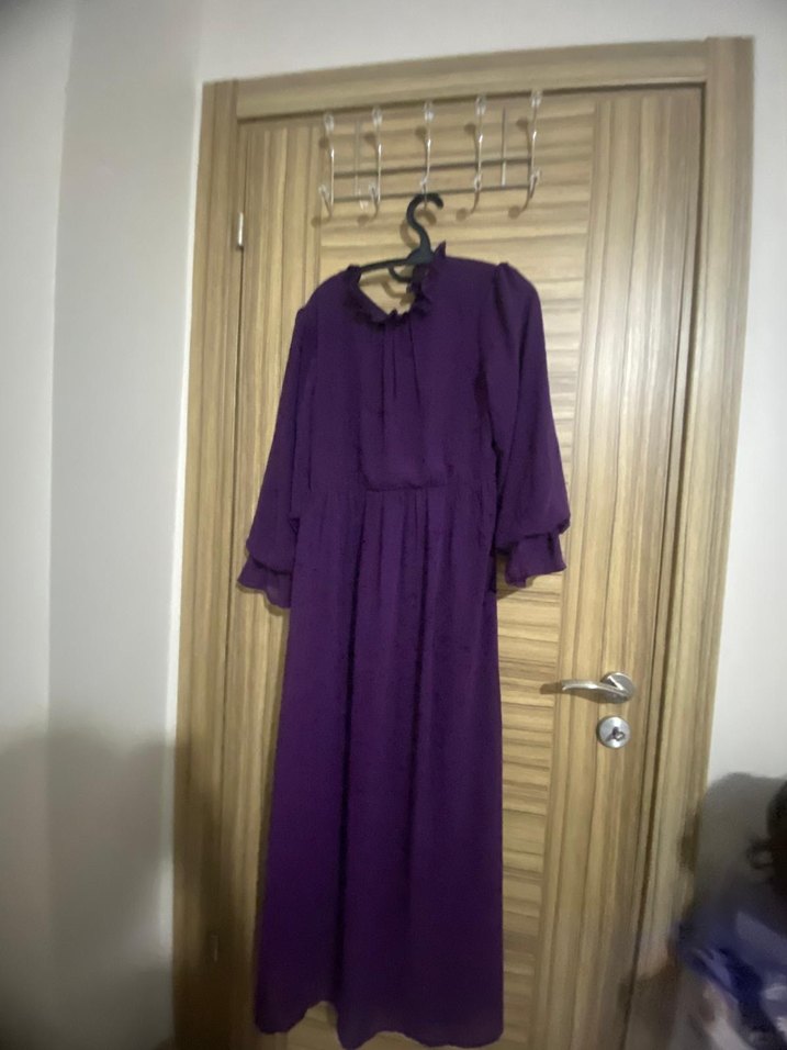 Mor Uzun Kollu Yüksek Yakalı Salaş Elbise - Görsel 2