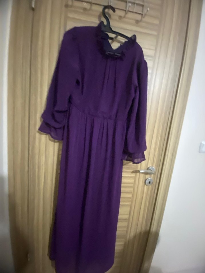 Mor Uzun Kollu Yüksek Yakalı Salaş Elbise - Görsel 4