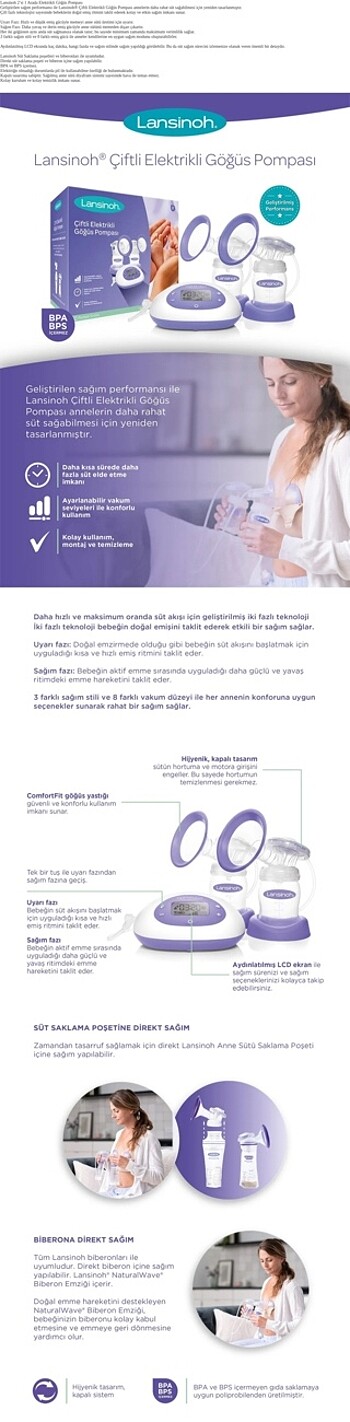 Lansınoh çiftli elektrikli göğüs pompası