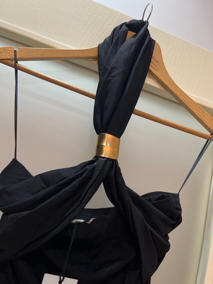 Siyah Drapeli Uzun Straplez Elbise - Görsel 4