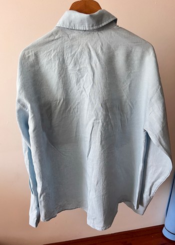 Mavi Uzun Kollu oversize keten gömlek - Görsel 7