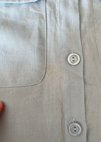 Mavi Uzun Kollu oversize keten gömlek - Görsel 4