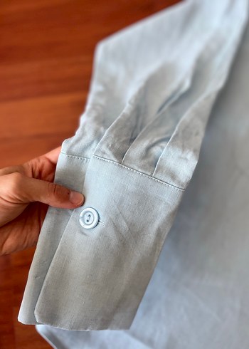 Mavi Uzun Kollu oversize keten gömlek - Görsel 5