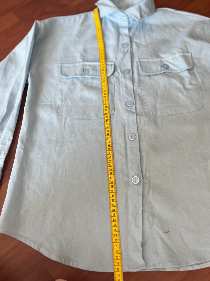 Mavi Uzun Kollu oversize keten gömlek - Görsel 3