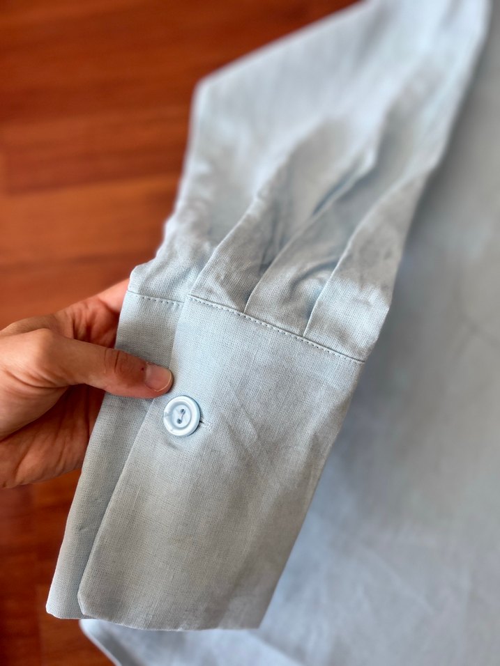 Mavi Uzun Kollu oversize keten gömlek - Görsel 5