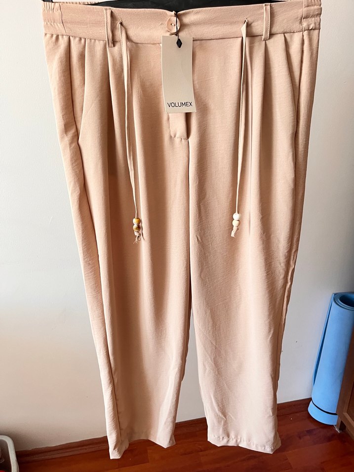 Bej Beli bağcıklı Bol Kesim Kadın Pantolon - Görsel 2