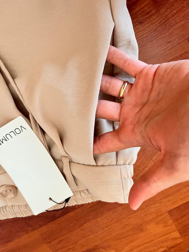 Bej Beli bağcıklı Bol Kesim Kadın Pantolon - Görsel 4