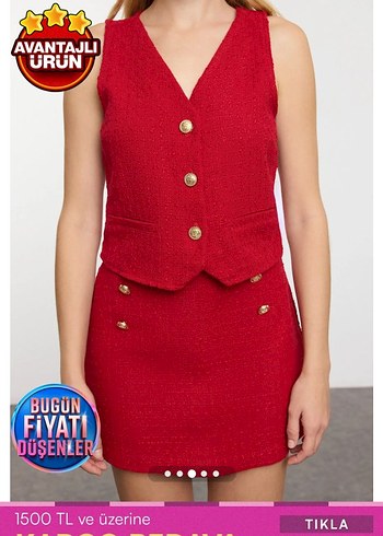 Kırmızı Mini Düğmeli V Yaka Yelek - Görsel 2