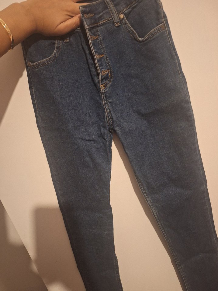 Düğmeli Lacivert Kadın Kot Pantolon - Görsel 2