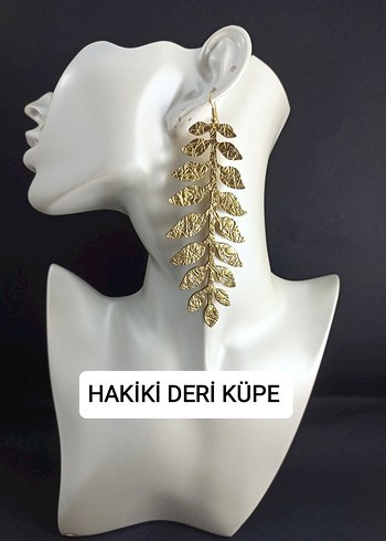 Uzun Hakiki Deri Gold Altın Bohem Yaprak Küpe