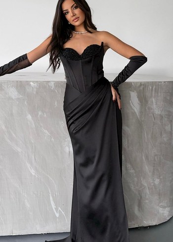 Siyah Drapeli Straplez Uzun Abiye Elbise - Görsel 7