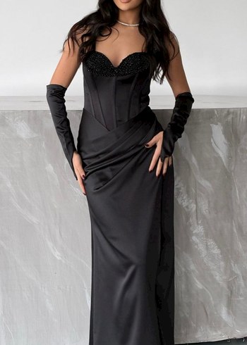 Siyah Drapeli Straplez Uzun Abiye Elbise - Görsel 8