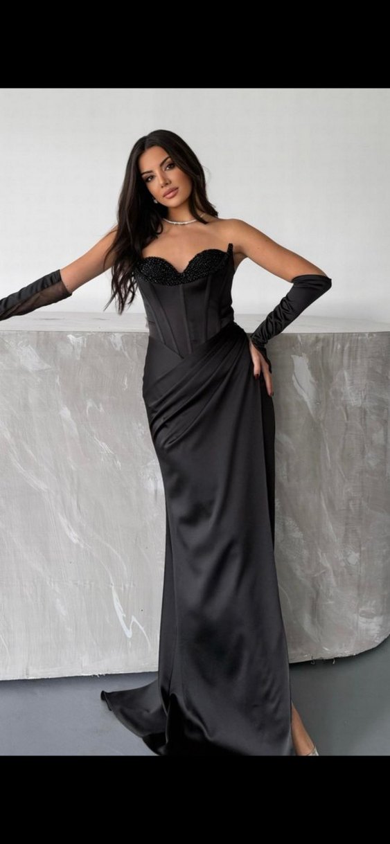 Siyah Drapeli Straplez Uzun Abiye Elbise - Görsel 2