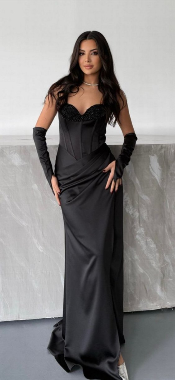 Siyah Drapeli Straplez Uzun Abiye Elbise - Görsel 3