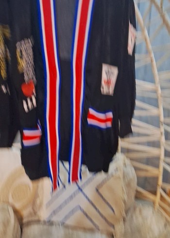 Kemerli, Baskılı Siyah Uzun Denim Ceket - Görsel 2