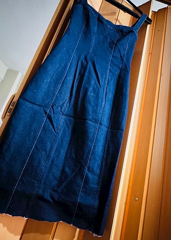 Lacivert Kadın diz hizasında kesmiştim Denim Elbise - Görsel 2