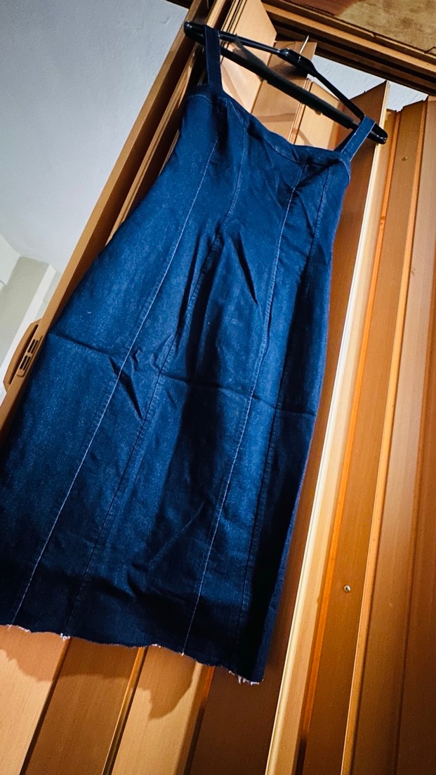 Lacivert Kadın diz hizasında kesmiştim Denim Elbise - Görsel 2