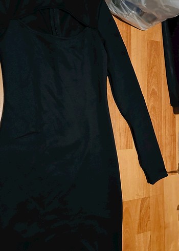 Siyah Yüksek Yaka Uzun Kollu Kadın  dekolteli Elbise - Görsel 3