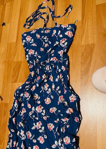 Drapeli Lacivert Çiçekli Uzun Straplez Elbise - Görsel 3