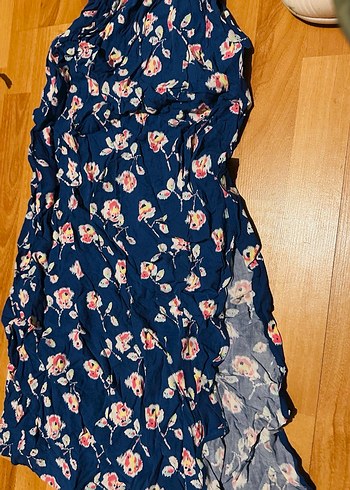 Drapeli Lacivert Çiçekli Uzun Straplez Elbise - Görsel 2