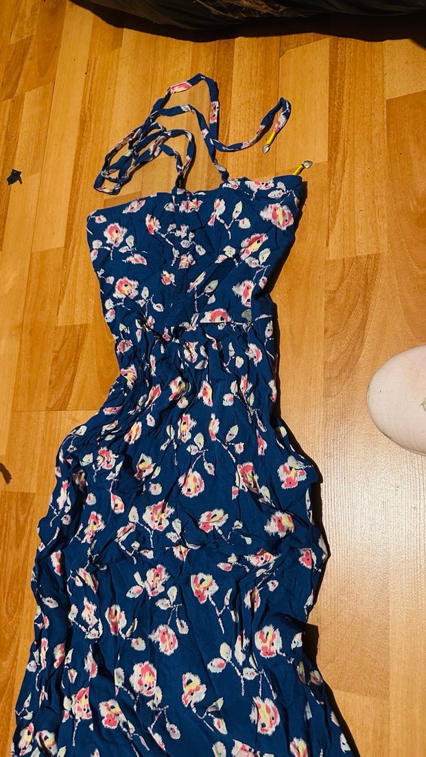 Drapeli Lacivert Çiçekli Uzun Straplez Elbise - Görsel 3