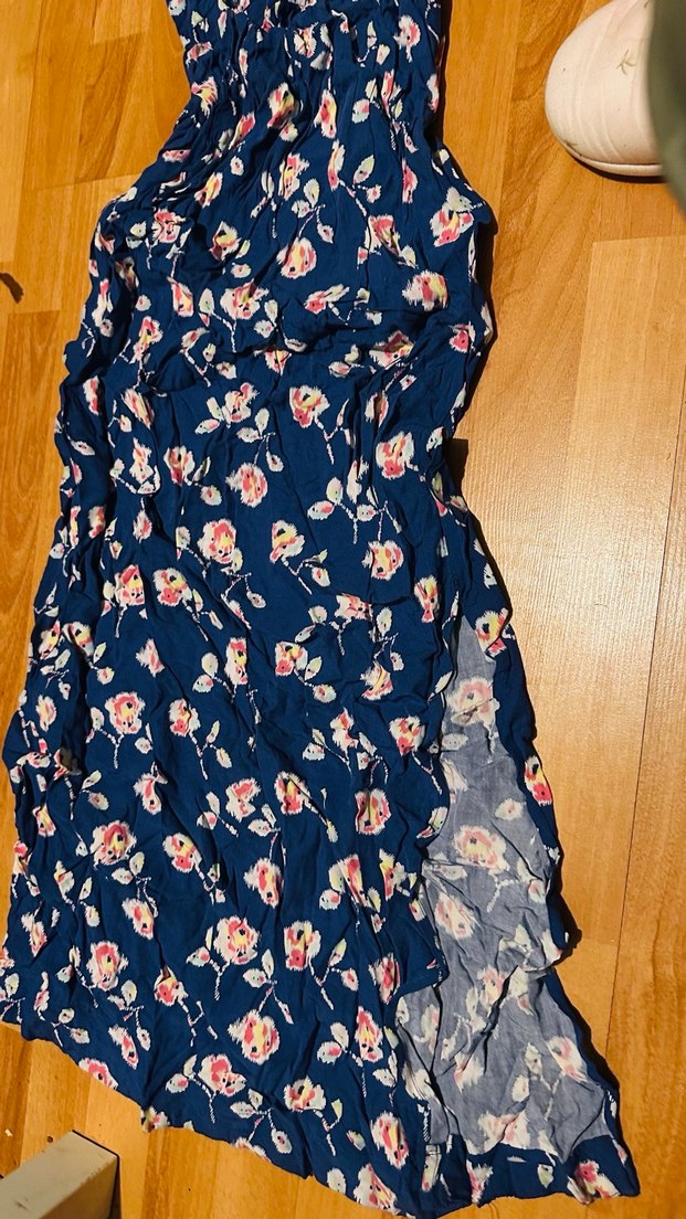 Drapeli Lacivert Çiçekli Uzun Straplez Elbise - Görsel 2