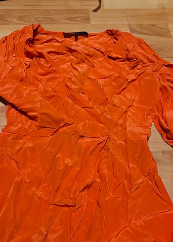 Drapeli Turuncu Keten V Yaka Kadın Bluz - Görsel 3