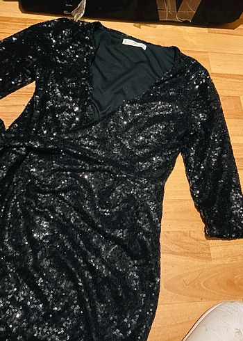 Siyah Parlak V Yaka Mini  Abiye Elbise - Görsel 6