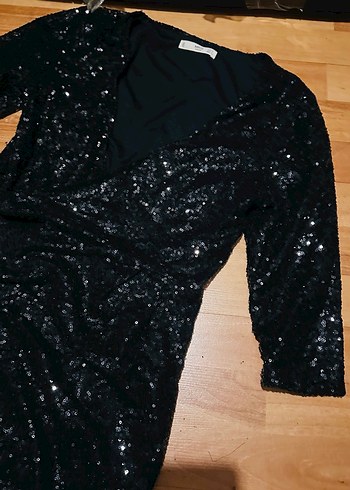 Siyah Parlak V Yaka Mini  Abiye Elbise - Görsel 5