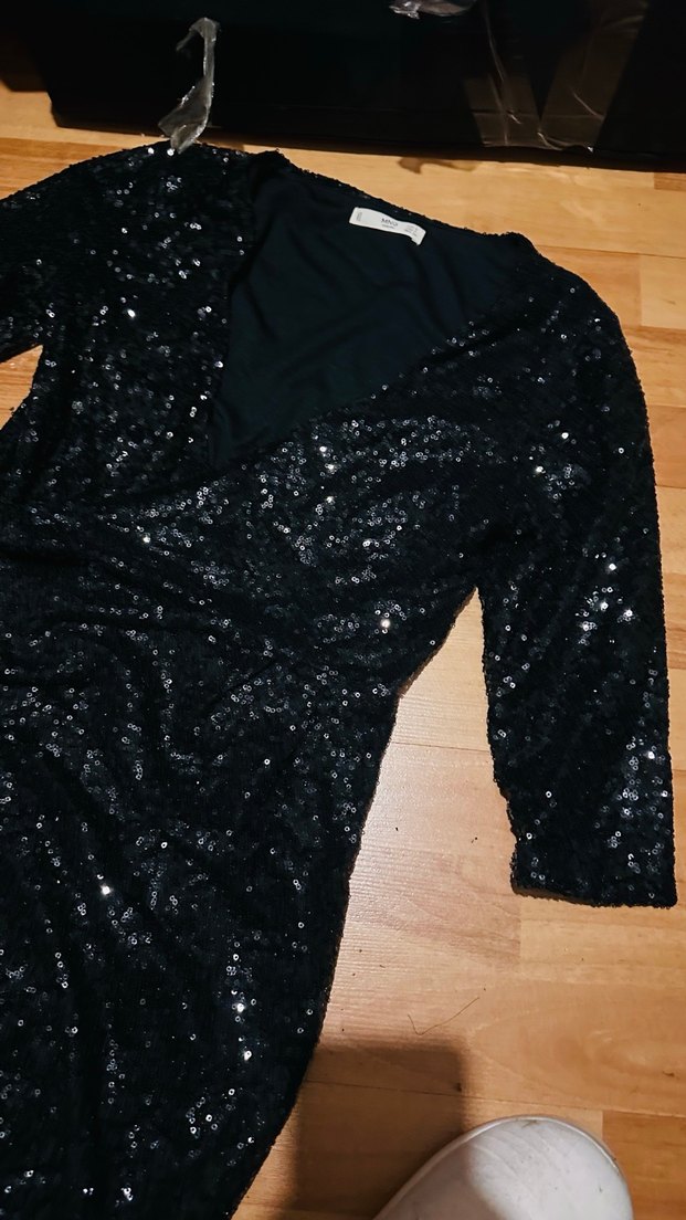 Siyah Parlak V Yaka Mini  Abiye Elbise - Görsel 5